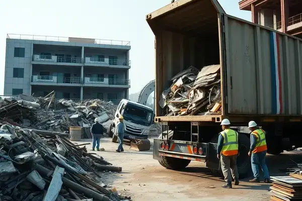 Construction debris removal at active building site